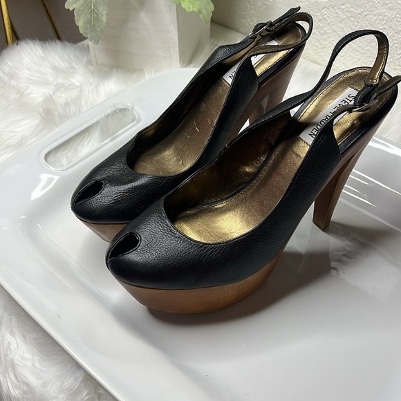 Stylish Black Leather& Wood Platform Slingback Heels - Picture 2 of 12